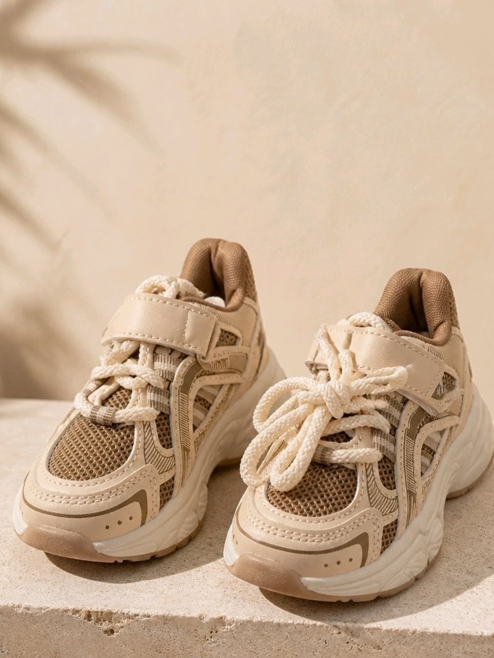 Kids Neutral Beige Athletic Sneakers with Hook-and-Loop Strap